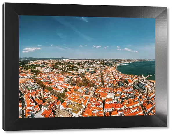 Aerial drone panoramic view of Cascais historic centre with the iconic Bay and Ribeira Beach, 30km west of Lisbon on the Portuguese Riviera, Cascais, Portugal, Europe