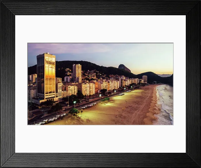 Framed Print : Aerial drone view of Leme Beach in the Copacabana district at sunrise with the iconic Sugarloaf Mountain in the background, UNESCO World Heritage Site, Rio de Janeiro, Brazil, South America