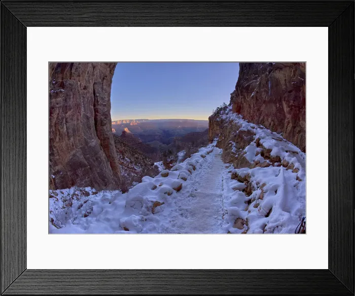 Framed Print : A winter sunrise view of Grand Canyon Arizona from Bright Angel Trail on the South Rim just past the second tunnel, Grand Canyon National Park, UNESCO World Heritage Site, Arizona, United States of America, North America Framed Print : A winter sunrise view of Grand Canyon Arizona from Bright Angel Trail on the South Rim just past the second tunnel, Grand Canyon National Park, UNESCO World Heritage Site, Arizona, United States of America, North America