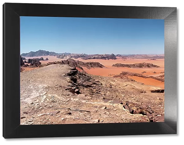Panorama of a red sand plain in the Wadi Rum desert, Jordan, Middle East