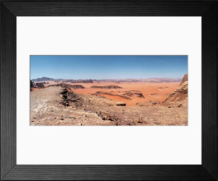 Framed Print : Panorama of a red sand plain in the Wadi Rum desert, Jordan, Middle East Framed Print : Panorama of a red sand plain in the Wadi Rum desert, Jordan, Middle East