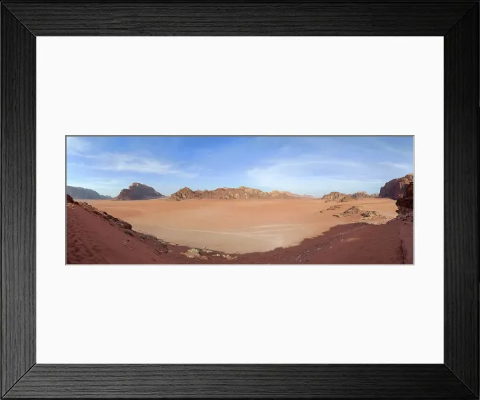 Framed Print : Wide panorama of the plain of Wadi Rum desert, Jordan, Middle East Framed Print : Wide panorama of the plain of Wadi Rum desert, Jordan, Middle East
