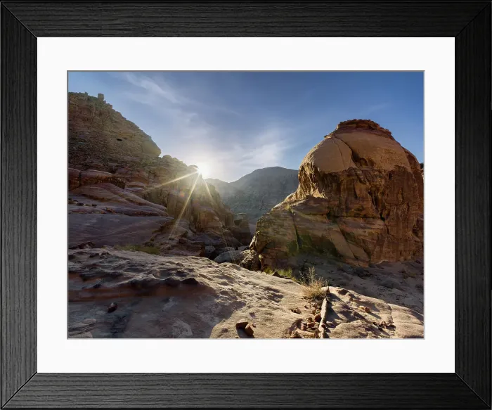 Framed Print : Rocky mountains with the sun star in the Wadi Rum, Jordan, Middle East Framed Print : Rocky mountains with the sun star in the Wadi Rum, Jordan, Middle East