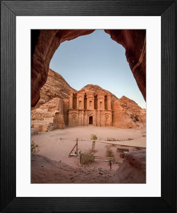Framed Print : Al Deir (Monastery) monument at sunset, carved into the mountain side and framed by a cave, Petra, UNESCO World Heritage Site, Jordan, Middle East Framed Print : Al Deir (Monastery) monument at sunset, carved into the mountain side and framed by a cave, Petra, UNESCO World Heritage Site, Jordan, Middle East