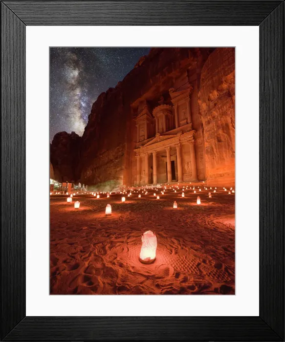 Framed Print : Petra Treasury (El Khazneh) by night illuminated by small lanterns and the Milky Way in the sky, Petra, UNESCO World Heritage Site, Jordan, Middle East