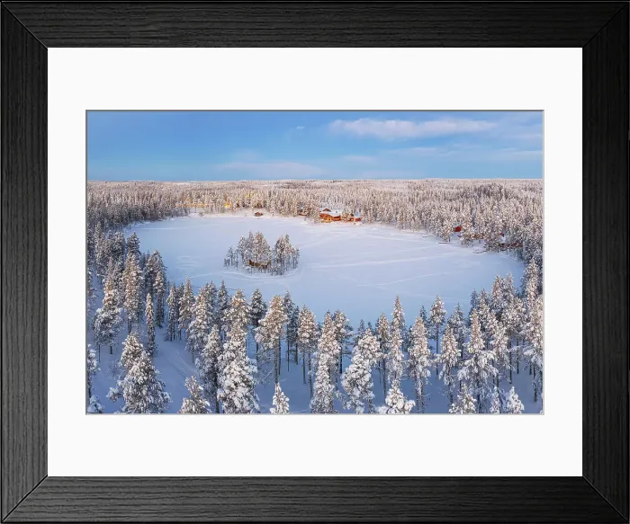 Framed Print : Aerial view of a tourist winter resort in the snow covered forest and the frozen lake in Kangos, Pajala, Norrbotten, Norrland, Lapland, Sweden, Scandinavia, Europe Framed Print : Aerial view of a tourist winter resort in the snow covered forest and the frozen lake in Kangos, Pajala, Norrbotten, Norrland, Lapland, Sweden, Scandinavia, Europe
