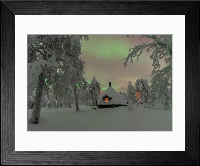 Framed Print : Typical wooden illuminated hut under the Northern Lights (Aurora Borealis) in the frosty forest with trees covered with snow, Pallas-Yllastunturi National Park, Muonio, Lapland, Finland, Europe Framed Print : Typical wooden illuminated hut under the Northern Lights (Aurora Borealis) in the frosty forest with trees covered with snow, Pallas-Yllastunturi National Park, Muonio, Lapland, Finland, Europe