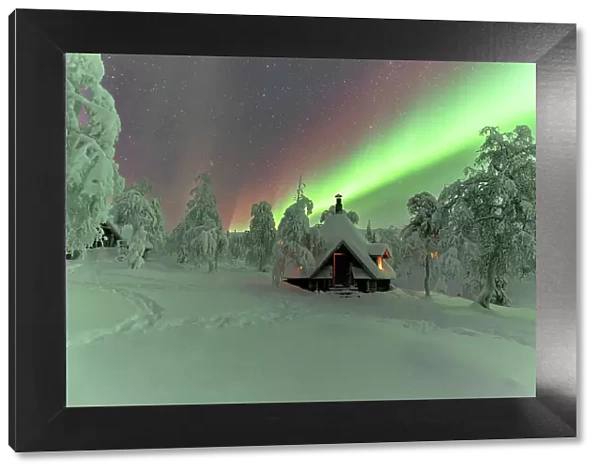 Winter frame of a hut lit by the green Northern Lights (Aurora Borealis) in the icy wood with trees covered with snow, Pallas-Yllastunturi National Park, Muonio, Lapland, Finland, Europe