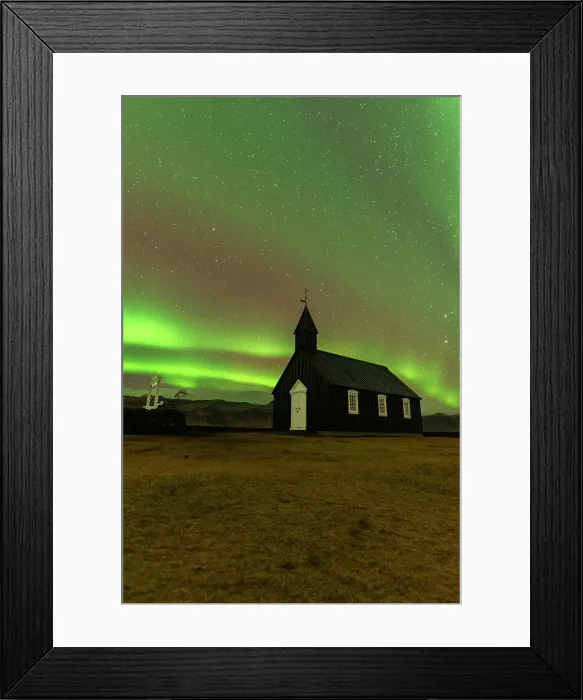Framed Print : Iconic black wooden Budakirkja church under the Northern Lights (Aurora Borealis), Budir, Snaefellsness Peninsula, Vesturland, Iceland, Polar Regions Framed Print : Iconic black wooden Budakirkja church under the Northern Lights (Aurora Borealis), Budir, Snaefellsness Peninsula, Vesturland, Iceland, Polar Regions