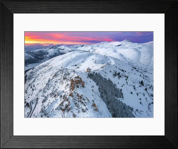 Framed Print : Aerial winter view of the snow covered Rocca Calascio castle and church of Santa Maria della Pieta, 'with pink clouds at sunset, Rocca Calascio, Gran Sasso e Monti della Laga National Park, Campo Imperatore, L'Aquila province, Abruzzo, Italy Framed Print : Aerial winter view of the snow covered Rocca Calascio castle and church of Santa Maria della Pieta, 'with pink clouds at sunset, Rocca Calascio, Gran Sasso e Monti della Laga National Park, Campo Imperatore, L'Aquila province, Abruzzo, Italy