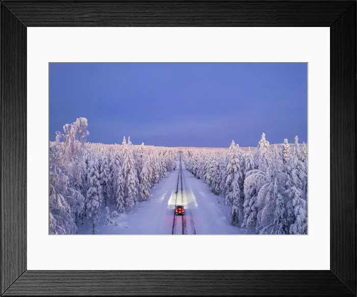 Framed Print : Overhead view of a car driving on empty, icy and slippery road with illuminated headlamps, Akaslompolo, Kolari, Pallas-Yllastunturi National Park, Lapland region, Finland, Europe Framed Print : Overhead view of a car driving on empty, icy and slippery road with illuminated headlamps, Akaslompolo, Kolari, Pallas-Yllastunturi National Park, Lapland region, Finland, Europe