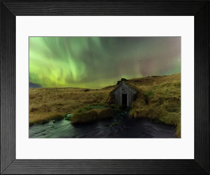 Framed Print : Keldur old mill turf house and hills lit by Northern Lights (Aurora Borealis), Rangarvellir, Sudurland, South Iceland, Iceland, Polar Regions Framed Print : Keldur old mill turf house and hills lit by Northern Lights (Aurora Borealis), Rangarvellir, Sudurland, South Iceland, Iceland, Polar Regions