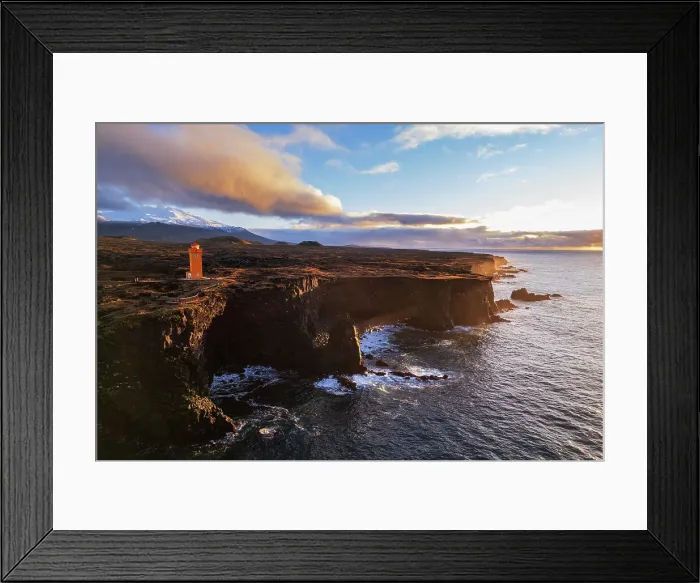 Framed Print : Aerial view of the orange Svortuloft lighthouse on top of the basalt cliffs at sunset, Snaefellsbaer, Snaefellsjokull National Park, Snaefellsens peninsula, Vesturland, West Iceland, Iceland, Polar Regions