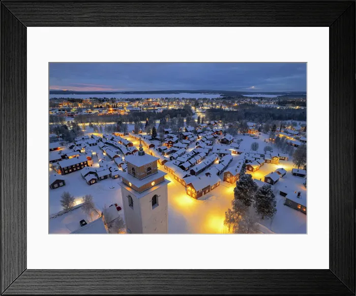Framed Print : Aerial view of illuminated cottages and bell tower covered with snow in the old village of Gammelstad Church Town at dusk, UNESCO World Heritage Site, Lulea, Norrbotten, Norrland, Sweden, Scandinavia, Europe Framed Print : Aerial view of illuminated cottages and bell tower covered with snow in the old village of Gammelstad Church Town at dusk, UNESCO World Heritage Site, Lulea, Norrbotten, Norrland, Sweden, Scandinavia, Europe