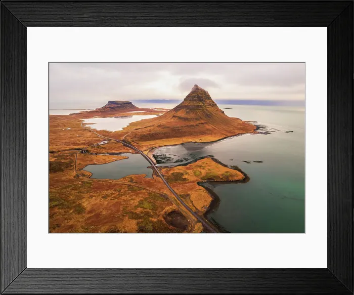 Framed Print : Aerial panoramic view of the Kirkjufell mountain at Snaefellsnes Peninsula, Vesturland region, West of Iceland, Iceland, Polar Regions Framed Print : Aerial panoramic view of the Kirkjufell mountain at Snaefellsnes Peninsula, Vesturland region, West of Iceland, Iceland, Polar Regions