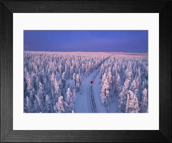 Framed Print : Aerial view of a car driving through the winter forest covered from snow at dawn, Akaslompolo, Kolari, Pallas-Yllastunturi National Park, Lapland region, Finland, Europe Framed Print : Aerial view of a car driving through the winter forest covered from snow at dawn, Akaslompolo, Kolari, Pallas-Yllastunturi National Park, Lapland region, Finland, Europe