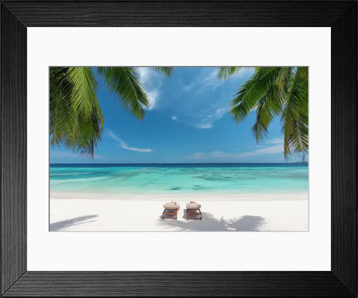 Framed Print : Wooden lounge chairs on a beautiful tropical beach, The Maldives, Indian Ocean, Asia Framed Print : Wooden lounge chairs on a beautiful tropical beach, The Maldives, Indian Ocean, Asia