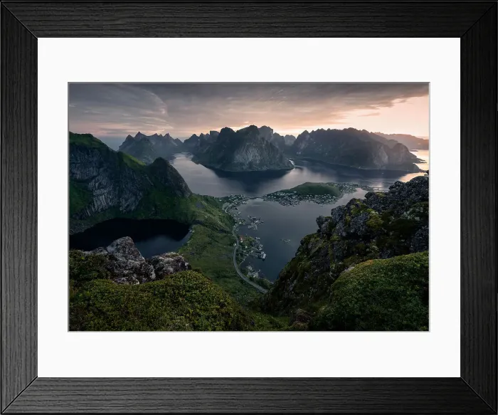 Framed Print : View from peak of Reinebringen above the Reine village of summer sunrise over Arctic Circle, in south part of Lofoten Islands, Norway, Europe Framed Print : View from peak of Reinebringen above the Reine village of summer sunrise over Arctic Circle, in south part of Lofoten Islands, Norway, Europe