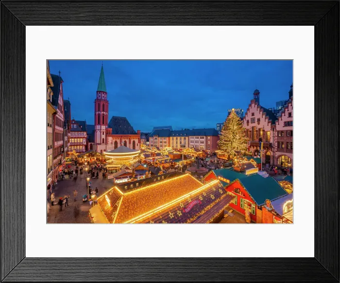 Framed Print : View of carousel and Christmas Market stalls at dusk, Roemerberg Square, Frankfurt am Main, Hesse, Germany, Europe