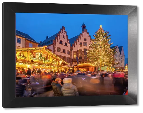 View of Christmas Market on Roemerberg Square at dusk, Frankfurt am Main, Hesse, Germany, Europe