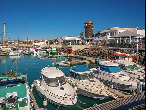 View of marina and aquarium in Castillo Caleta de Fuste, Fuerteventura, Canary Islands, Spain, Atlantic, Europe