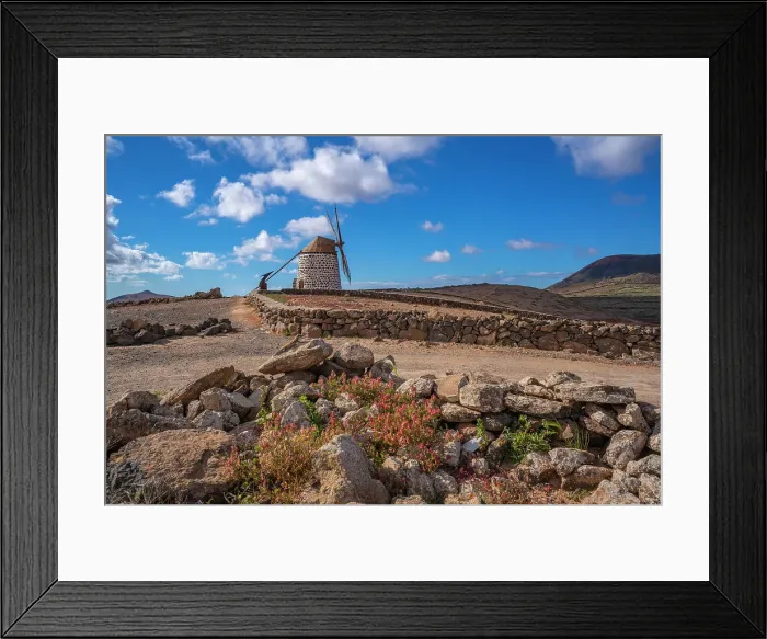Framed Print : View of typical windmill and landscape on a sunny day, La Oliva, Fuerteventura, Canary Islands, Spain, Atlantic, Europe Framed Print : View of typical windmill and landscape on a sunny day, La Oliva, Fuerteventura, Canary Islands, Spain, Atlantic, Europe