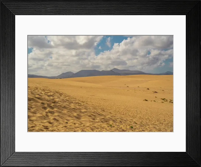 Framed Print : View of beach and mountains on a sunny day, Corralejo Natural Park, Fuerteventura, Canary Islands, Spain, Atlantic, Europe Framed Print : View of beach and mountains on a sunny day, Corralejo Natural Park, Fuerteventura, Canary Islands, Spain, Atlantic, Europe