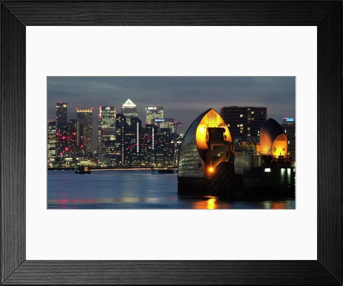 Framed Print : Canary Wharf, Docklands, and Thames Barrier at dusk, London, England, United Kingdom, Europe Framed Print : Canary Wharf, Docklands, and Thames Barrier at dusk, London, England, United Kingdom, Europe