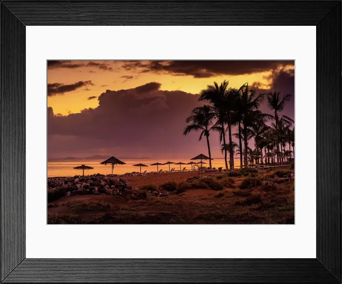 Framed Print : View of Playa de los Pocillos beach at sunset, Puerto del Carmen, Lanzarote, Las Palmas, Canary Islands, Spain, Atlantic, Europe