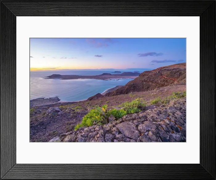 Framed Print : View of La Graciosa Island and Caleta del Sebo town from Mirador del Rio at sunset, Lanzarote, Las Palmas, Canary Islands, Spain, Atlantic, Europe Framed Print : View of La Graciosa Island and Caleta del Sebo town from Mirador del Rio at sunset, Lanzarote, Las Palmas, Canary Islands, Spain, Atlantic, Europe