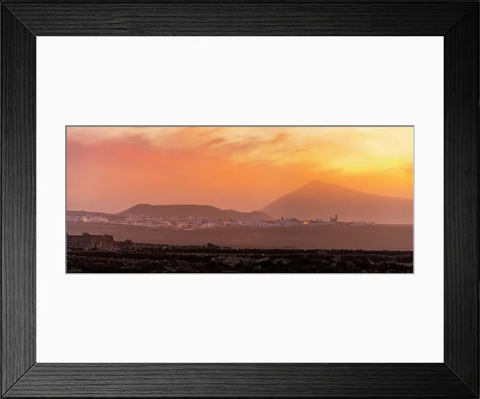 Framed Print : View of Tinajo and mountains in background at sunset, Tinajo, Lanzarote, Las Palmas, Canary Islands, Spain, Atlantic, Europe