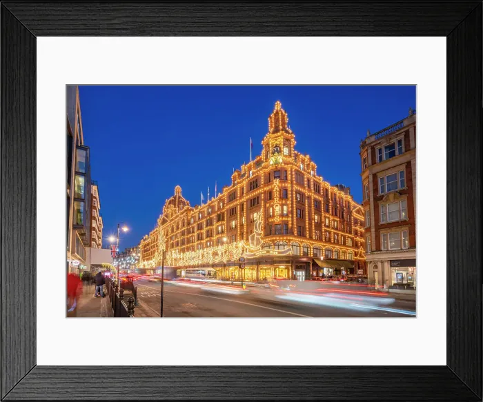 Framed Print : View of Harrods department store illuminated at dusk, Knightsbridge, London, England, United Kingdom, Europe Framed Print : View of Harrods department store illuminated at dusk, Knightsbridge, London, England, United Kingdom, Europe