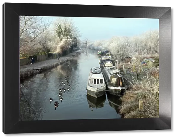 Narrowboats on the Kennet and Avon Canal by Northcroft Park on a frosty winter morning, Newbury, Berkshire, England, United Kingdom, Europe