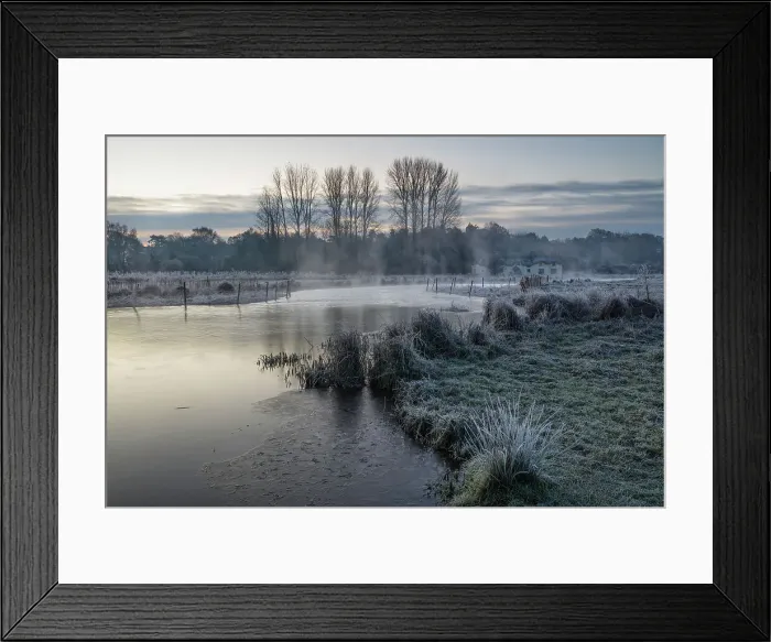 Framed Print : Frosty winter sunrise with mist on the River Test on Chilbolton Cow Common SSSI (Site of Special Scientific Interest), Wherwell, Hampshire, England, United Kingdom, Europe Framed Print : Frosty winter sunrise with mist on the River Test on Chilbolton Cow Common SSSI (Site of Special Scientific Interest), Wherwell, Hampshire, England, United Kingdom, Europe