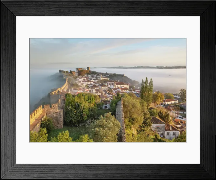 Framed Print : Fog at sunrise over Obidos old town and rampart defensive walls, Obidos, Centro Region, Estremadura, Portugal, Europe Framed Print : Fog at sunrise over Obidos old town and rampart defensive walls, Obidos, Centro Region, Estremadura, Portugal, Europe