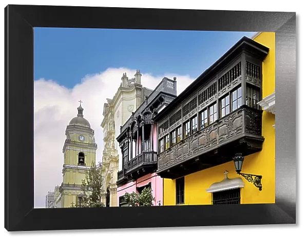 Balcony of the Goyeneche House and San Pedro Church, Lima, Peru, South America