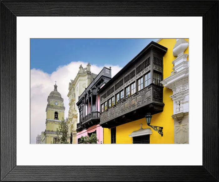 Framed Print : Balcony of the Goyeneche House and San Pedro Church, Lima, Peru, South America Framed Print : Balcony of the Goyeneche House and San Pedro Church, Lima, Peru, South America