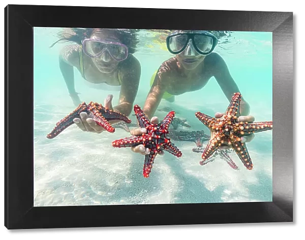 Mother and son with scuba masks showing red starfish underwater, Zanzibar, Tanzania, East Africa, Africa