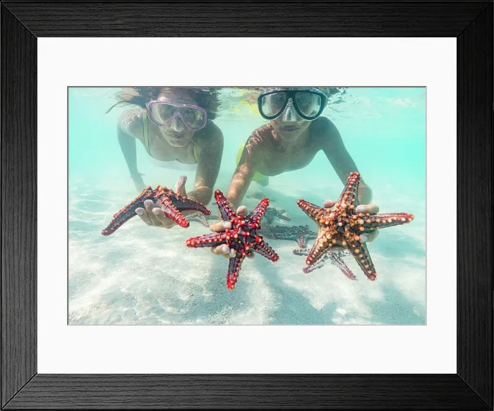 Framed Print : Mother and son with scuba masks showing red starfish underwater, Zanzibar, Tanzania, East Africa, Africa Framed Print : Mother and son with scuba masks showing red starfish underwater, Zanzibar, Tanzania, East Africa, Africa