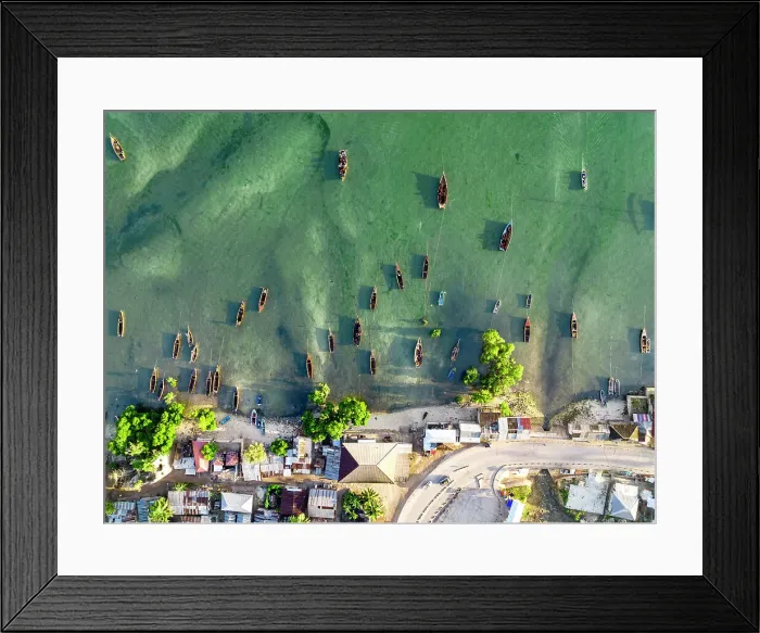 Framed Print : Aerial view of boats moored in the exotic lagoon, Mkokotoni, Zanzibar, Tanzania, East Africa, Africa