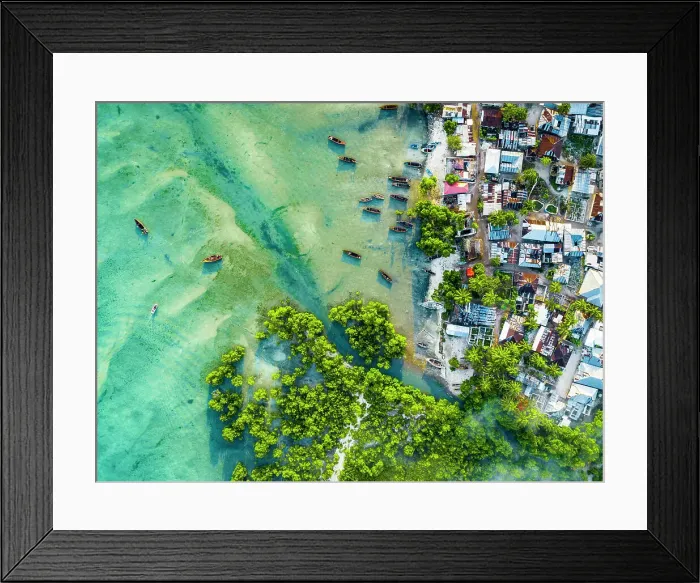 Framed Print : Aerial view of fishing boats moored in the exotic lagoon, Mkokotoni, Zanzibar, Tanzania, East Africa, Africa