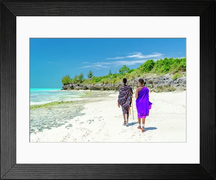 Framed Print : Beautiful Maasai woman with man walking on empty beach, Zanzibar, Tanzania, East Africa, Africa Framed Print : Beautiful Maasai woman with man walking on empty beach, Zanzibar, Tanzania, East Africa, Africa