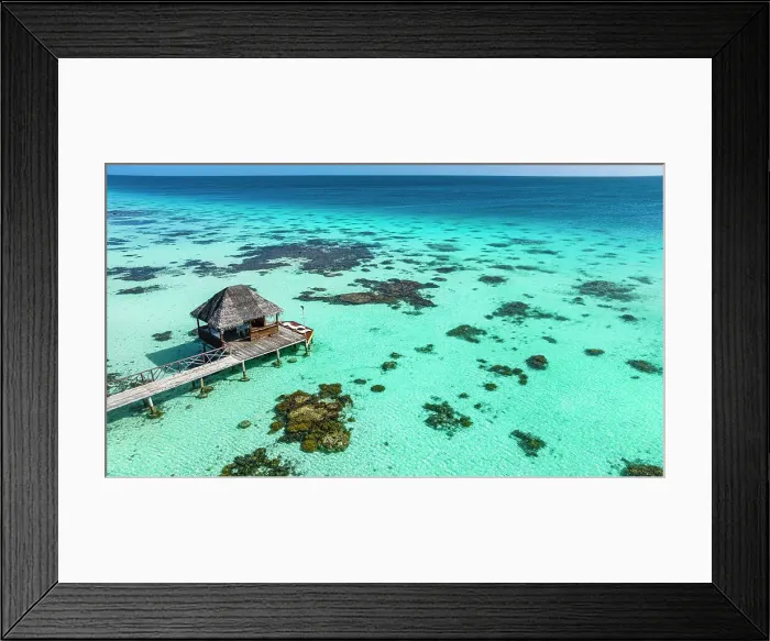 Framed Print : Aerial of sundeck over the lagoon of Fakarava, Tuamotu archipelago, French Polynesia, South Pacific, Pacific
