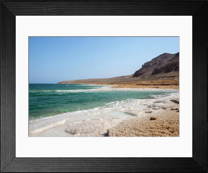 Framed Print : Beach with salt crystalized formation and turquoise water, The Dead Sea, Jordan, Middle East Framed Print : Beach with salt crystalized formation and turquoise water, The Dead Sea, Jordan, Middle East