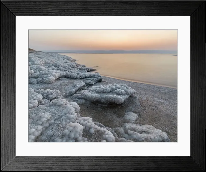 Framed Print : Shore with salt crystalized formation at dusk, The Dead Sea, Jordan, Middle East Framed Print : Shore with salt crystalized formation at dusk, The Dead Sea, Jordan, Middle East