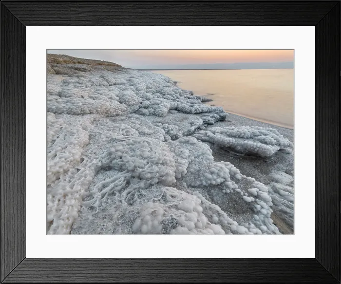 Framed Print : Shore with salt crystalized formation at dusk, The Dead Sea, Jordan, Middle East Framed Print : Shore with salt crystalized formation at dusk, The Dead Sea, Jordan, Middle East