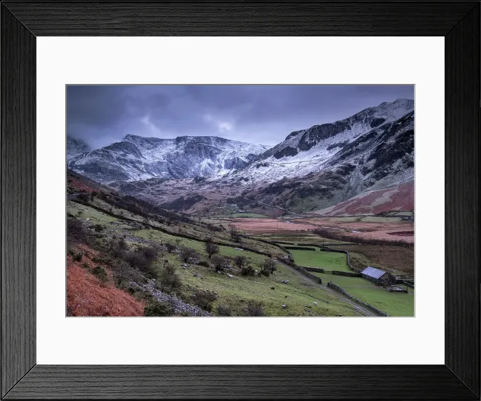 Framed Print : The Nant Ffrancon Valley backed by the Glyderau mountains in winter, Snowdonia National Park, Eryri, North Wales, United Kingdom, Europe Framed Print : The Nant Ffrancon Valley backed by the Glyderau mountains in winter, Snowdonia National Park, Eryri, North Wales, United Kingdom, Europe