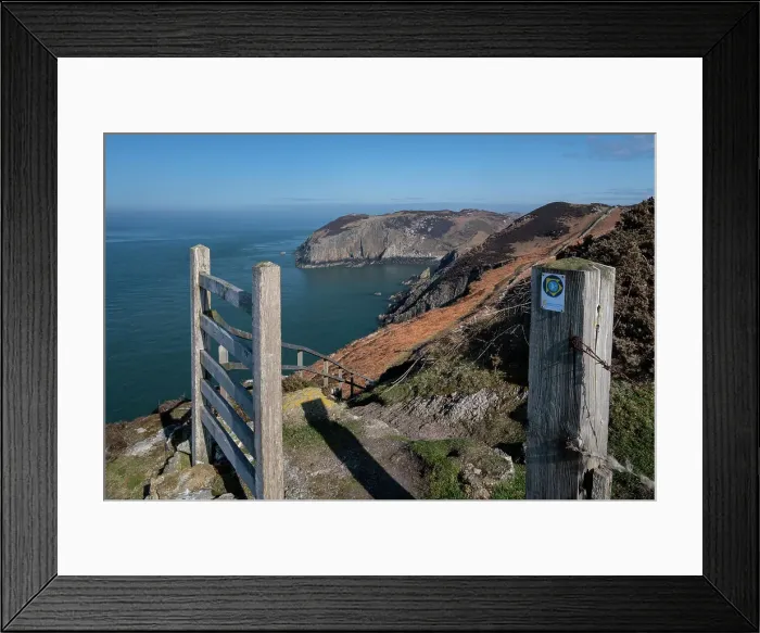 Framed Print : Gate and coast path sign framing Llanlleiana Head on The Anglesey Coastal Path, near Cemaes, Anglesey, North Wales, United Kingdom, Europe Framed Print : Gate and coast path sign framing Llanlleiana Head on The Anglesey Coastal Path, near Cemaes, Anglesey, North Wales, United Kingdom, Europe
