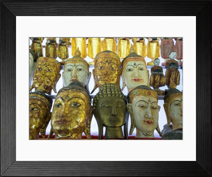 Framed Print : Buddha masks on display at shop, Mandalay, Myanmar (Burma), Asia Framed Print : Buddha masks on display at shop, Mandalay, Myanmar (Burma), Asia