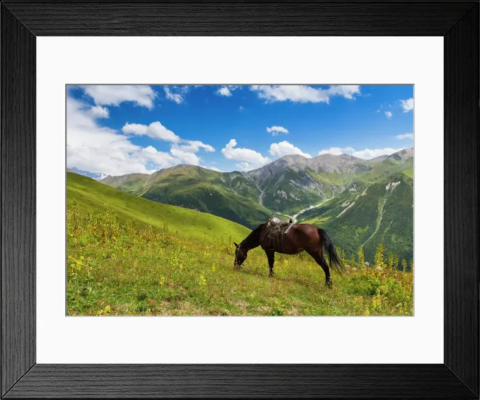 Framed Print : Horse grazing with Khaldechala River Valley and Caucasian mountains in background, Svaneti mountains, Georgia, Central Asia, Asia Framed Print : Horse grazing with Khaldechala River Valley and Caucasian mountains in background, Svaneti mountains, Georgia, Central Asia, Asia